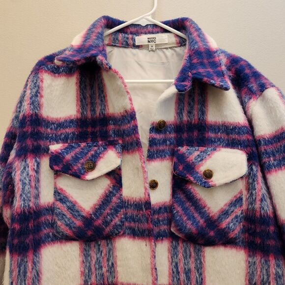STEVE MADDEN NYC Pink & Blue Plaid Jacket Long Oversized Coat Shacket Sz M City - Picture 2 of 9